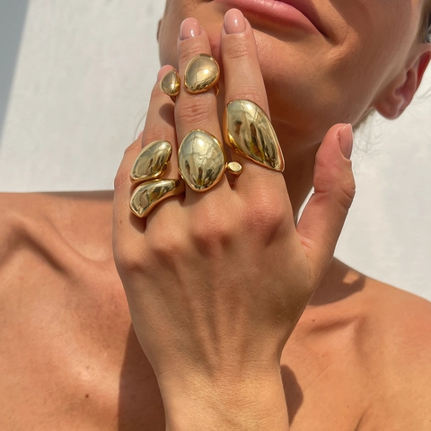 Damen Metall Unregelmäßig Offen Ring Set Flüssigmetall Organisches Geometrisches Design Schraube Kreuz Poliert Statement Fingerringe Schmuck