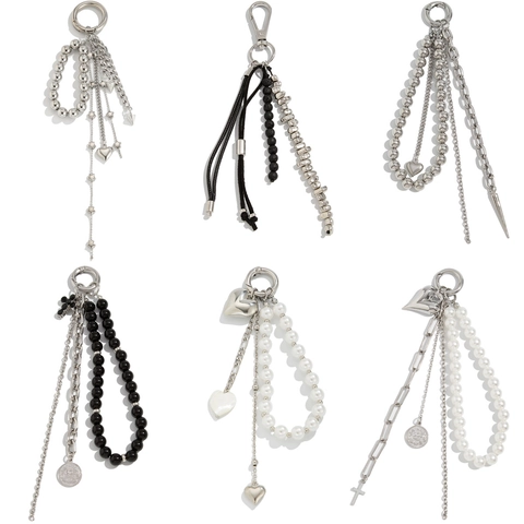 Portachiavi in Lega con Perle Artificiali Cuore Stella Croce Moneta Ciondolo Borsa Placcato Argento Stile Y2K Punk