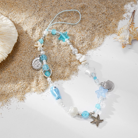 Ocean Theme Starfish Shell Phone Strap Acrylic Artificial Pearl Ceramic Fish Beaded Mobile Phone Chain For Women Vacation Daily