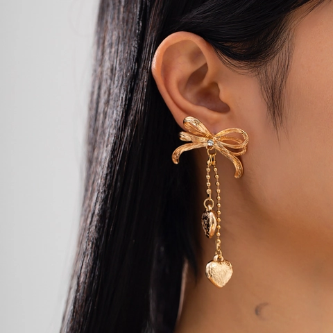 Vintage Alloy Rhinestone Bowknot Heart Tassel Drop Earrings Long Chain Heart Pendant Jewelry For Women Wedding Party Gift