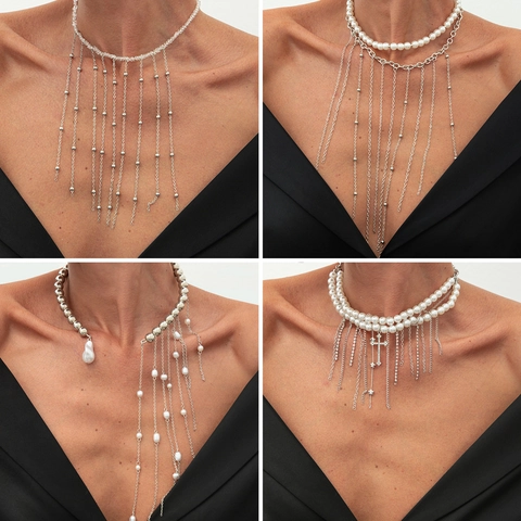Artificial Pearl Tassel Necklace For Women Alloy Metal Chain Statement Choker With Cross Star Pendant Elegant Fashion Jewelry