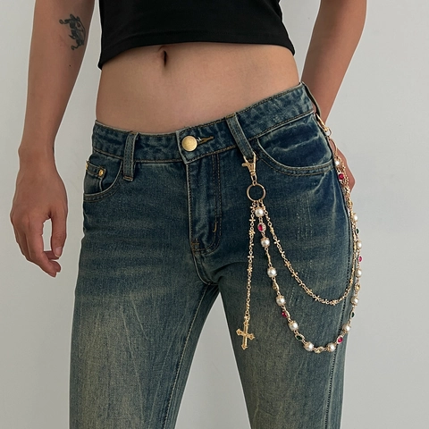 Punk Hip Hop Multilayer Waist Chain Vintage Alloy Artificial Pearl Rhinestone Cross Pendant Jeans Belt Chain For Women Party Jewelry