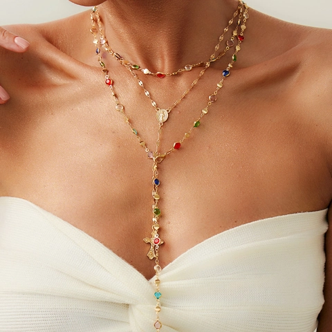 Collier Multirang Bohème Avec Perles de Cristal Colorées Pendentif Croix Vintage Plaqué Or Argent Chaîne en Y Bijoux pour Femme Fête