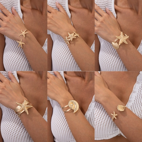 Exaggerated Metallic Iron Starfish Shell Conch Open Cuff Bracelet Beach Holiday Jewelry For Women Gold Silver Colors