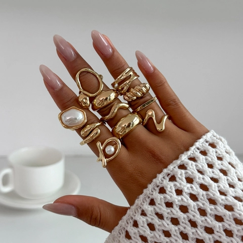Women's Baroque Irregular Metal Open Ring Set With Imitation Artificial Pearl Alloy Gold Silver Joint Finger Rings Fashion Jewelry Gift