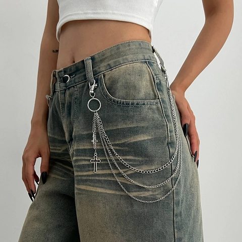 Catena da Vita in Metallo a Più Strati Punk Hip Hop Unisex Pendente a Stella e Croce in Lega di Zinco Stampato per Jeans
