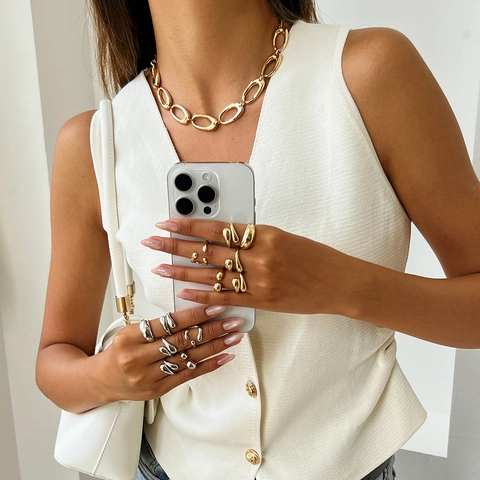 Trendy Chunky Oval Link Chain Necklace And Irregular Lava Textured Ring For Women Vintage Alloy Gold Silver Jewelry