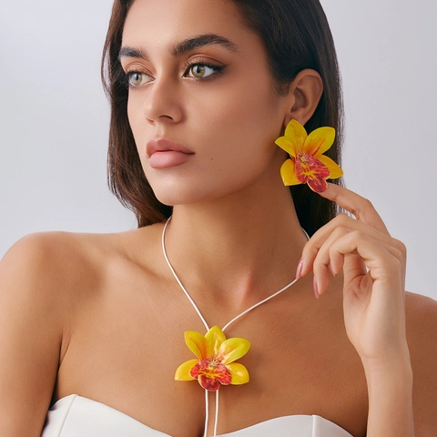 Handmade Fabric Orchid Flower Pendant Necklace Leather Wax Cord 3D Floral Stud Earrings Bohemian Statement Jewelry For Women