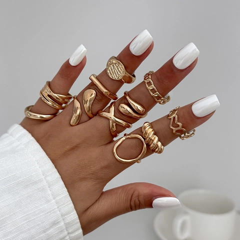 Elegant Alloy Rhinestone Ring Set For Women Irregular Liquid Lava Metal Design Adjustable Open Finger Rings Fashion Jewelry