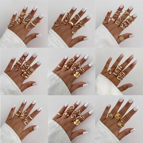 Elegant Alloy Rhinestone Ring Set For Women Irregular Liquid Lava Metal Design Adjustable Open Finger Rings Fashion Jewelry