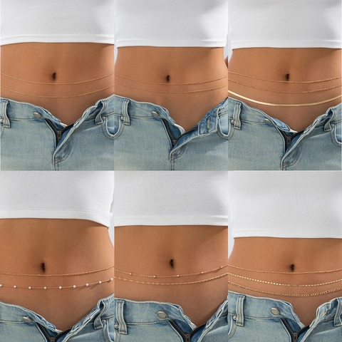 Women's Fashion Simple Layered Metal Waist Chain Gold Silver Snake Bone Chain Body Chain Artificial Pearl Belt Jewelry