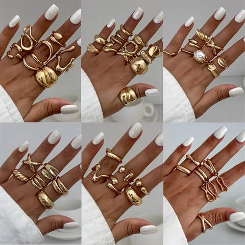 Modern Alloy Liquid Metal Open Rings Set For Women Adjustable Irregular Geometric Wave Artificial Pearl Finger Jewelry