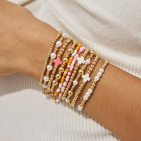 Ensemble de Bracelets Multicouches Bohème pour Femmes Künstliche Perle d'imitation Or CCB Croix Pendentif Bracelet Élastique Bijoux