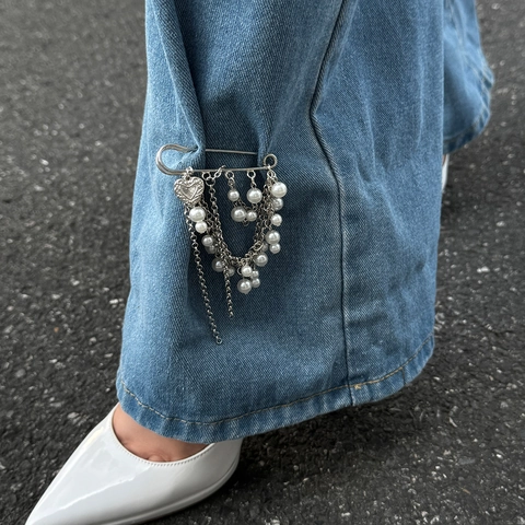 Spilla da Balia con Nappa in Imitazione Perla Artificial Vintage per Donna Lega Argento Pendente a Cuore Catena per Pantaloni