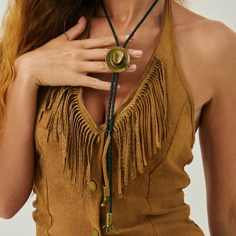 Western Cowboy Bolo-Krawatte Vintage Schwarz Geflochtenes PU-Leder Halskette Mit Cowboyhut-Schieber Und Stiefelanhänger Schmuck