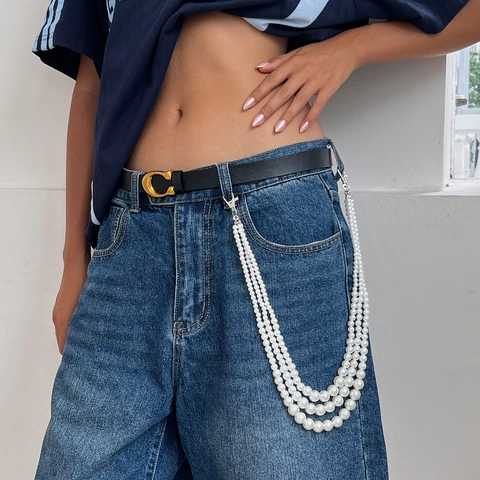 Fashion Multi Layer Imitation Artificial Pearl Waist Chain For Women Alloy Metal Hip Hop Streetwear Pants Chain Jeans Accessory Silver Tone
