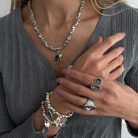 Unregelmäßiges CCB Perlenkette Set Grauer Acryl Diamant Anhänger Halskette Armband Offener Ring Modeschmuck Für Damen