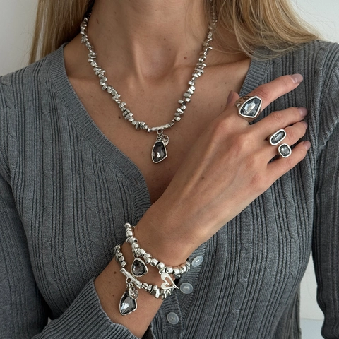 Unregelmäßiges CCB Perlenkette Set Grauer Acryl Diamant Anhänger Halskette Armband Offener Ring Modeschmuck Für Damen