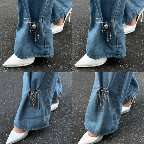 Vintage Silber Eisenlegierung Sicherheitsnadel Brosche Für Damen Herren Herz Quaste Kette DIY Jeans Zubehör Kunstperle