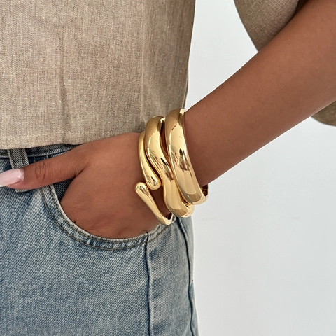 Minimalist Alloy Wave Open Bangle Water Drop Mirror Polished Bracelet For Women Gold Silver Fashion Jewelry Accessory