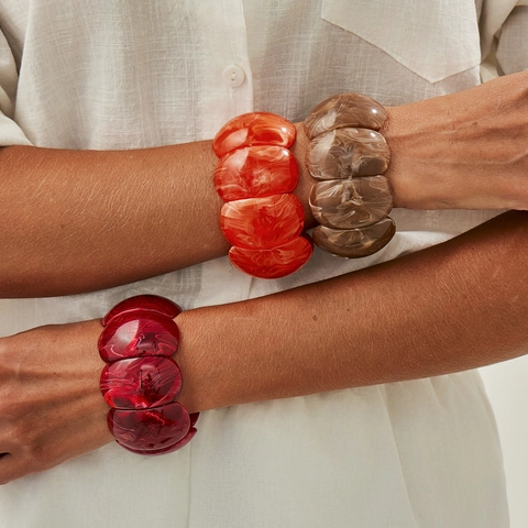 Vintage Resin Chunky Bangle Bracelet For Women Marble Amber Texture Elastic Stretch Wide Bracelet Retro Fashion Jewelry
