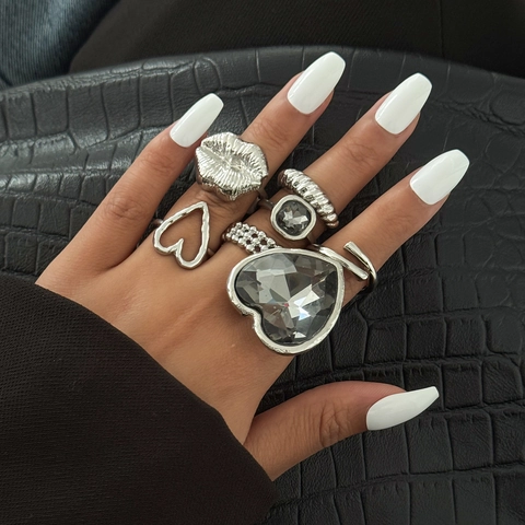 Anello in Lega Geometrica Con Strass Per Donna Tonalità Argento Cuore Labbro Catena Aperta Anelli Regolabili Gioielli Di Lusso