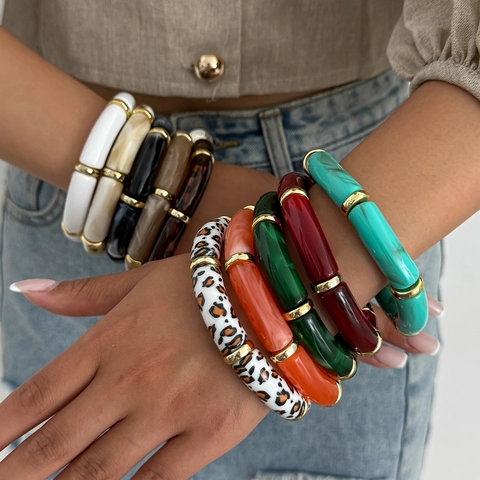 Vintage Resin Bamboo Tube Bangle Bracelet For Women Bohemian Leopard Marble Stretch Bracelet Fashion Jewelry Gift