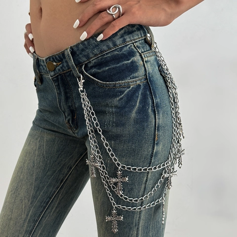 Catena da Vita Multistrato Gothic Punk in Lega Argento Con Pendente a Croce Hip Hop Streetwear per Uomo Donna Gioielli