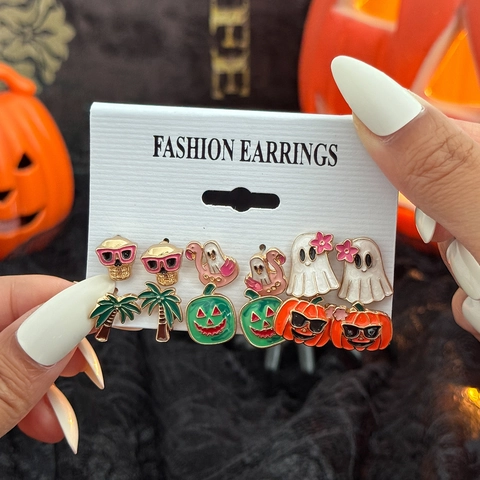 Halloween Gothic Stud Earrings Set Ghost Pumpkin Skull Bat Coffin Cross Rose Enamel Alloy Earrings For Women Party Jewelry