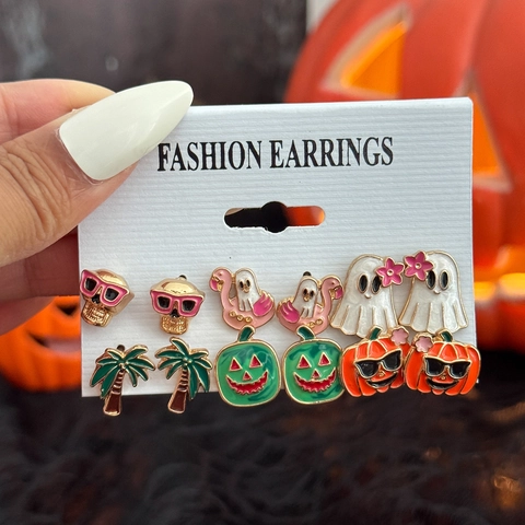Gothic Halloween Alloy Enamel Stud Earring Set For Women Skull Pumpkin Ghost Bat Rhinestone Earrings Holiday Party Jewelry