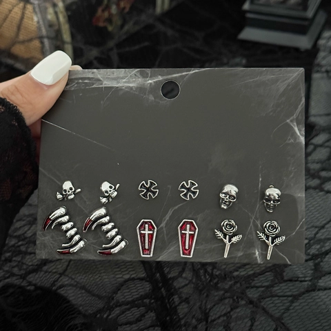 Gothic Halloween Alloy Enamel Stud Earring Set For Women Skull Pumpkin Ghost Bat Rhinestone Earrings Holiday Party Jewelry