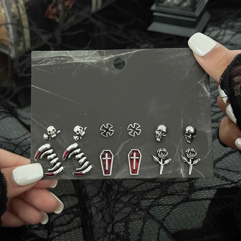Halloween Gothic Stud Earrings Set Ghost Pumpkin Skull Bat Coffin Cross Rose Enamel Alloy Earrings For Women Party Jewelry