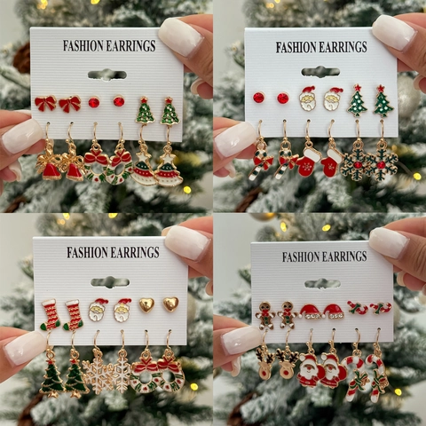 Weihnachts Ohrring Set Legierung Emaille Weihnachtsmann Schneeflocke Elch Schleife Ohrstecker Festlicher Schmuck Set Damen
