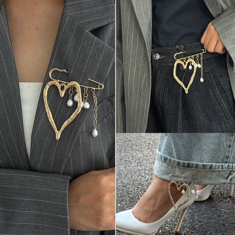 Broche Pendentif Cœur en Lave Liquide en Alliage Vintage Avec Künstliche Perles d'Imitation Épingle de Sûreté en Métal Martelé Pour Femme