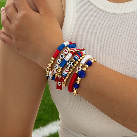 Handmade Polymer Clay Beaded Bracelet Multilayer American Football Helmet Charm Soccer Game Day Jewelry For Women
