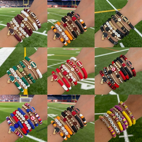 Handmade Polymer Clay Beaded Bracelet Multilayer American Football Helmet Charm Soccer Game Day Jewelry For Women