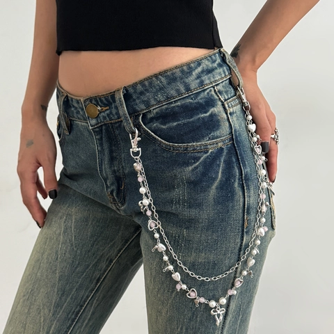 Catena per Pantaloni in Metallo Argento Multistrato Punk Y2K da Donna in Lega di Ferro Con Perla Artificiale Stella Cuore