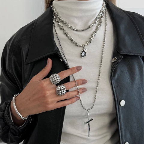 Minimalist Irregular Beaded Necklace For Women Alloy CCB Iron Rhinestone Cross Heart Waterdrop Pendant Jewelry Set Bracelet Ring