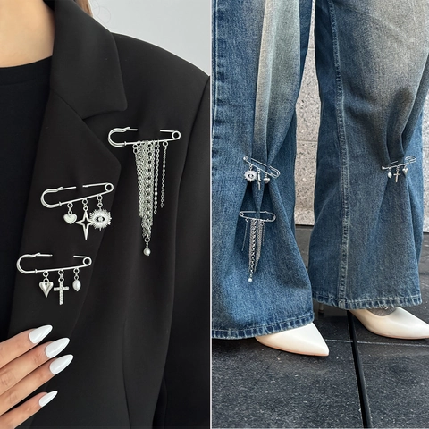 Minimalistische Legierung Kreuz Herz Brosche Set Mit Metall Quastenkette Künstliche Perle Strass Anstecknadel Für Anzug Jeans Damen