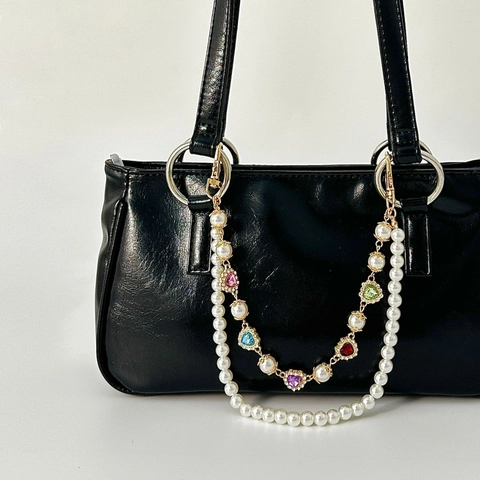 Luxus Legierung Bunte Strass Blume Herz Taschenkette Doppelschicht Künstliche Perle Taschenanhänger Für Handtaschen Damen Zubehör