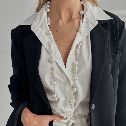Elegante Imitatie Kunstparel Ketting Voor Vrouwen Lange Koperen Ketting Witte Ronde Faux Kunstparel Trui Ketting Sieraden Cadeau