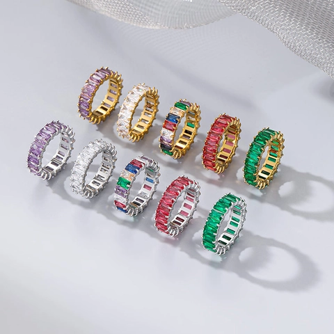 Titanium Steel Zirconia Eternity Ring For Women Baguette Cut Rainbow Stone Gold Silver Tone Fashion Geometric Finger Ring Jewelry