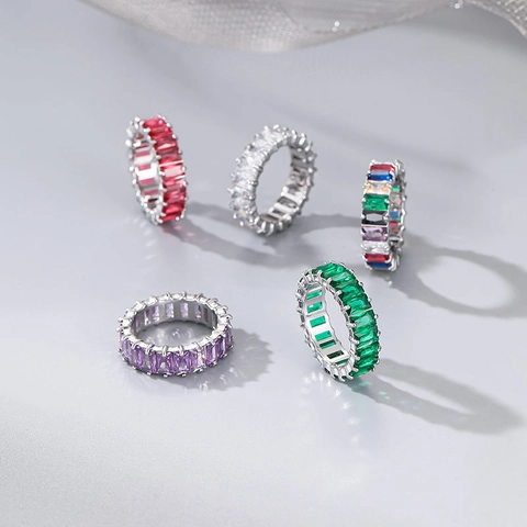 Titanium Steel Zirconia Eternity Ring For Women Baguette Cut Rainbow Stone Gold Silver Tone Fashion Geometric Finger Ring Jewelry