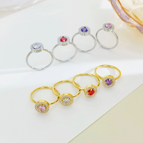 Elegant Titanium Steel Zirconia Halo Ring For Women Vacuum Plated Geometric Circular Finger Ring Fashion Jewelry Accessory