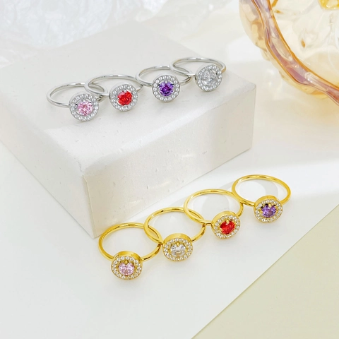 Elegant Titanium Steel Zirconia Halo Ring For Women Vacuum Plated Geometric Circular Finger Ring Fashion Jewelry Accessory