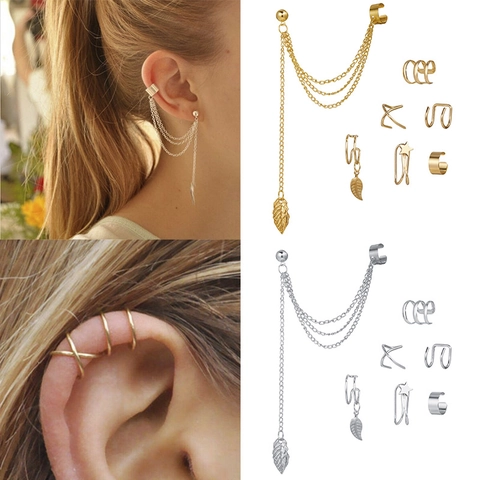 Vintage Alloy Leaf Tassel Ear Cuff Earrings Collection For Women Geometric Star Variety Gold Silver Rhinestone Jewelry