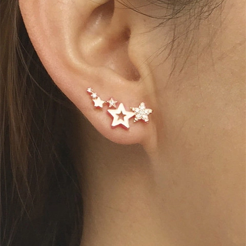 Fashion Star Ear Crawler Earrings Minimalist Rhinestone Geometric Star Stud Earrings Gold Silver Rose Gold Jewelry For Women