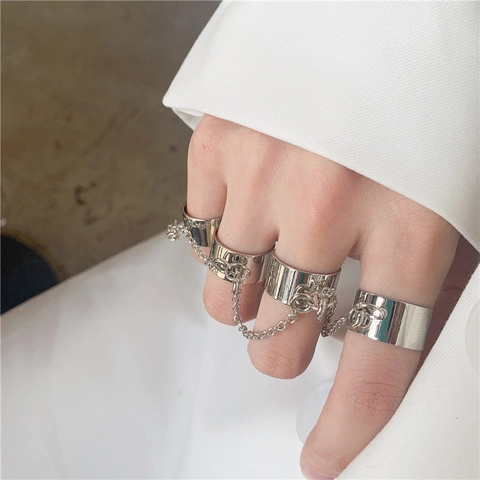 Anelli Aperti Collegati Con Catena In Lega Punk Per Uomo Donna Colore Argento Gothic Streetwear Clubwear Gioielli Con Anello Regolabile
