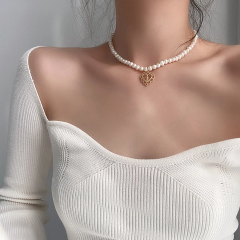 Vintage Künstliche Perlenkette Für Damen Hohles Herz Kreuz Anhänger Legierung Schlüsselbeinkette Süßer Cooler Stil Choker Schmuck Geschenk