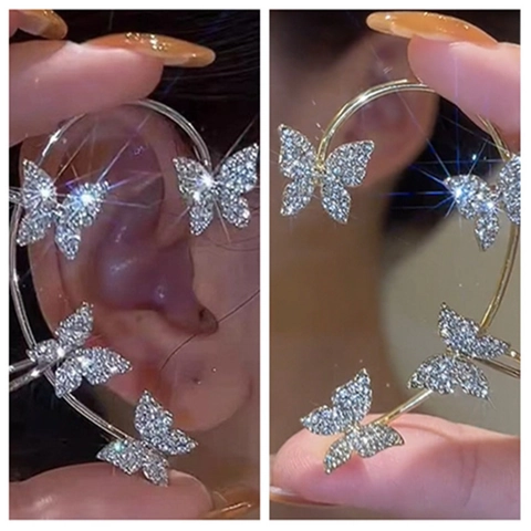 Sparkling Butterfly Leaf Ear Cuff No Piercing Alloy Rhinestone Ear Hook Fairy Aesthetic Wrap Earrings For Women Jewelry Gift